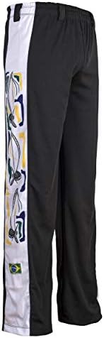 Автентични панталони за бразилски бойни изкуства Капоейра JL Sport - Унисекс/Бебешки (Черни, с принтом Berimbau по протежение на