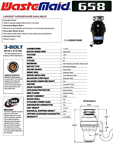 Waste Maid 10-US-WM-658-3Б Система за раздробяване на хранителни отпадъци от неръждаема стомана със защита От задръствания и корозия,