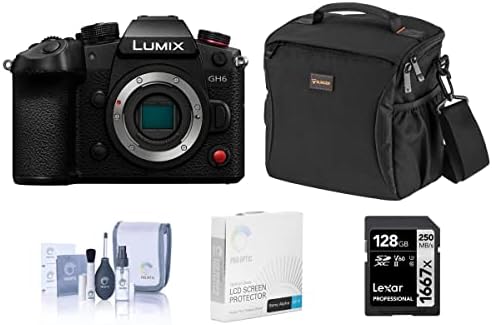 Корпус беззеркальной фотоапарат Panasonic Lumix GH6, Комплект с карта с памет SD с обем 128 GB, Чанта през рамо, Защитно фолио за