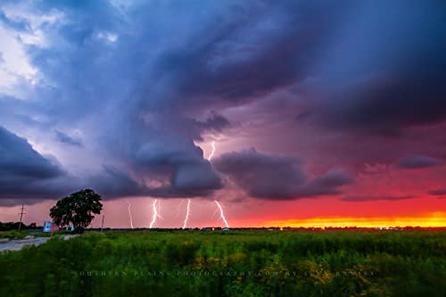 Снимка на буря, Принт (без рамка), Изображението на няколко светкавици по залез слънце ненастным лятна вечер в Оклахома, Метеорологичните