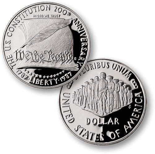 Монетен двор на САЩ, 1987 г., Доказателство за Конституцията Незабравим Сребърен долар DCAM $1 Скъпоценен Камък Блестящо Доказателство