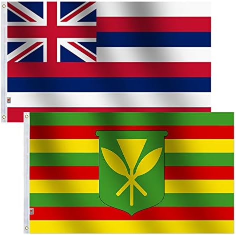 Комплект от 2 теми, флаг на щата на Америка, Хаваите и Канака Маоли размер 3x5 метра, от двете страни на умерен-за улици и на закрито, 3 x 5', хавайски знамена Камехамеа, Де