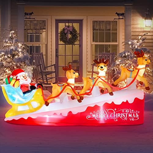 Коледен Надуваем Дядо Коледа JETEHO 8,9 фута Шейна с Три Елени, Коледни Декорации за двор с led подсветка, Весели Коледни Украси