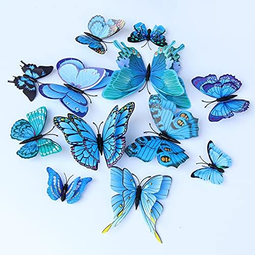 3D Декор на стените във формата на пеперуда, 12шт Декор във формата на Пеперуда с Двойни Крила, Синьо Бижу във формата на Пеперуда,