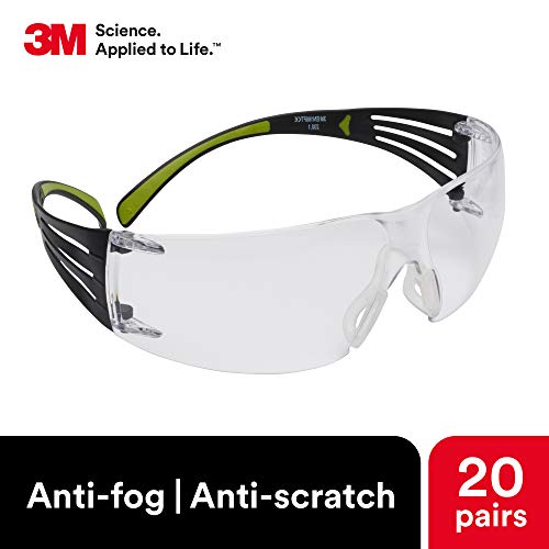Защитни очила 3M, SecureFit, 20 броя в опаковка, ANSI Z87, Прозрачни лещи с защита срещу замъгляване и надраскване, Зелена / Черна дограма, Гъвкав лък тел
