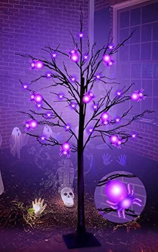 4 Фута Решена декор за коледни елхи на Хелоуин 48 led лилаво, 10 Паяци, Декорации с Таймер, Черни Зловещи Светлини на мъртво дърво,