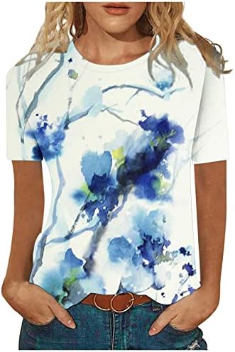 Тениски от Ликра с Кръгло Деколте за Жени, Лято-Есен, Къс Ръкав, Рисуването с Туш, Блузи С Флорални Принтом, Тениски За Момичета,