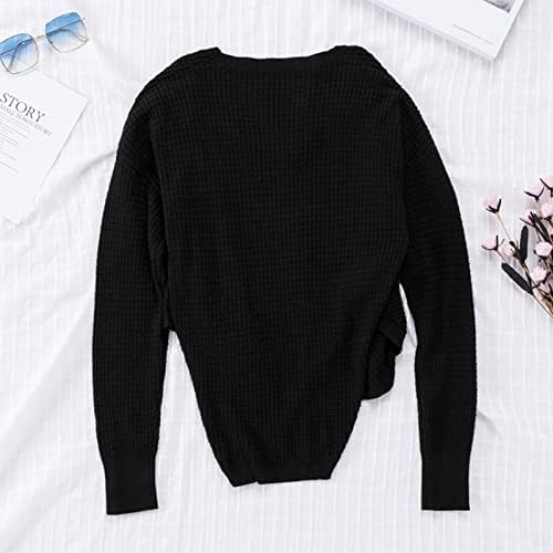 NOKMOPO Сладък дълъг ръкав Блузи за жени, пуловери с мирис с V-образно деколте, вязаный пуловер с асиметрична подолом, обикновена