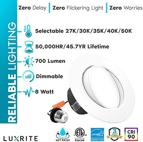 LUXRITE 4-инчов окачен led-вградени лампа 8 W = 60 W, 5 цвята за избор 2700 ДО-5000 К, CRI 90, регулируема led лампа с регулируема