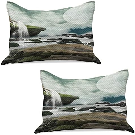 Калъфка за възглавница от стеганого одеяла Ambesonne Nature, Фантазийный Пейзаж с Водопад върху Скалите и Луната, Стандартна Калъфка